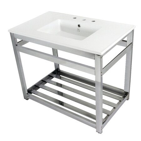 Fauceture VWP3722W8A1 37-Inch Ceramic Console Sink (8-Inch, 3-Hole), White/Polished Chrome VWP3722W8A1